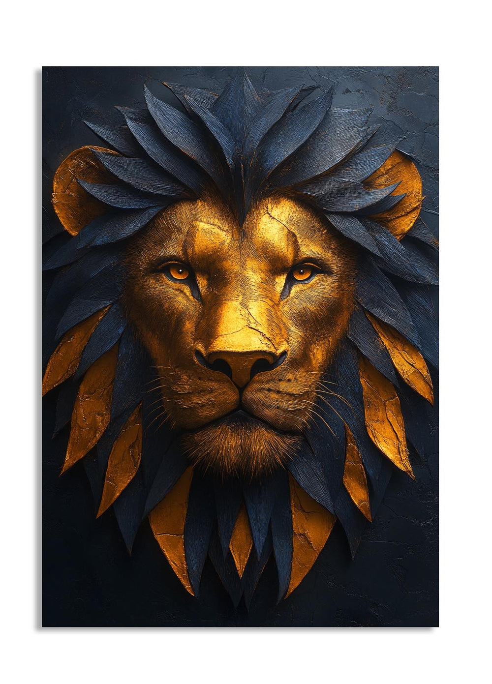 Artistic depiction of a lion's head with a dark background, as a premium aluminum metal print from GoMetalPrint.
