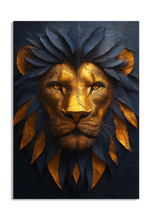 Artistic depiction of a lion's head with a dark background, as a premium aluminum metal print from GoMetalPrint.
