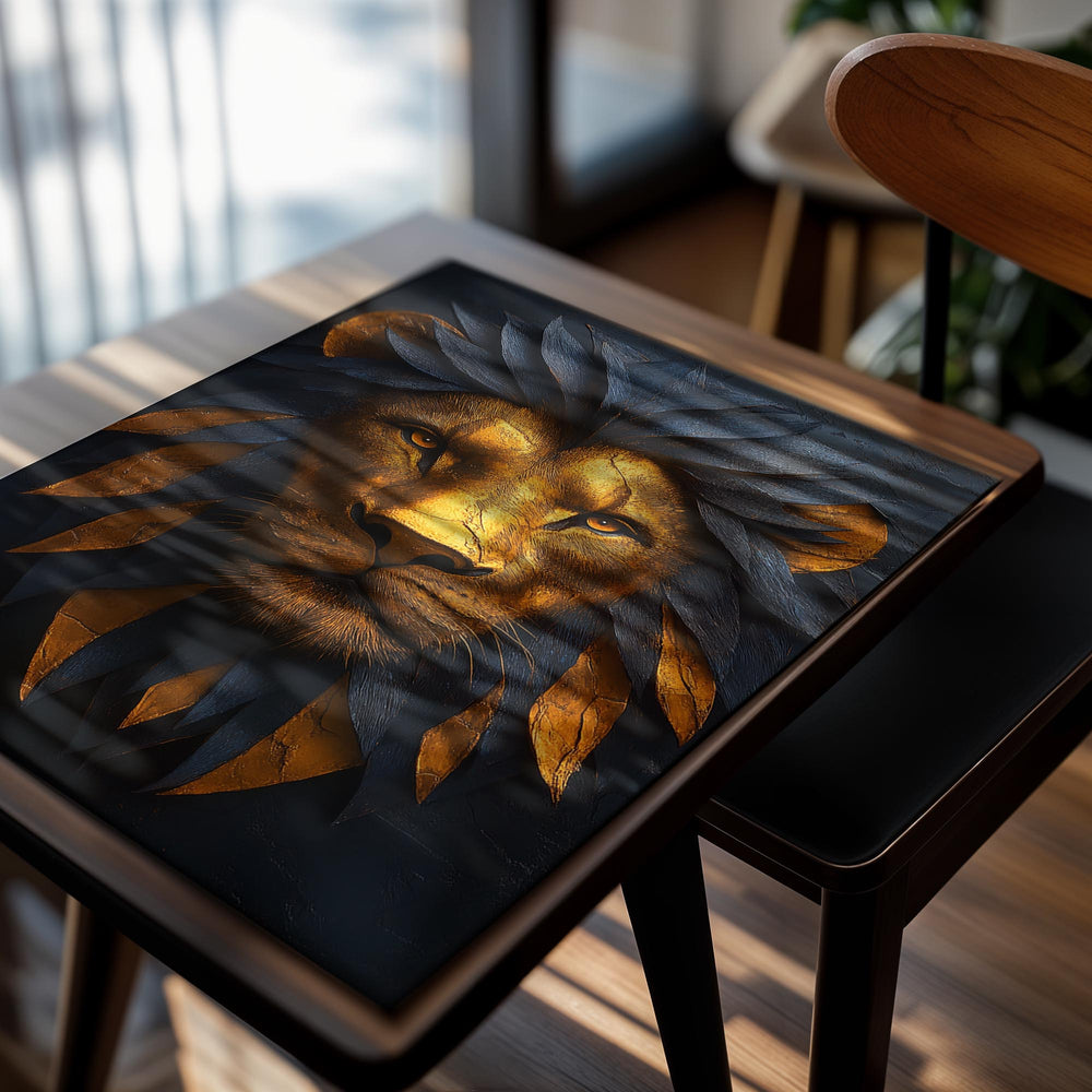 Artistic depiction of a lion's head with a dark background, as a premium aluminum metal print from GoMetalPrint.
