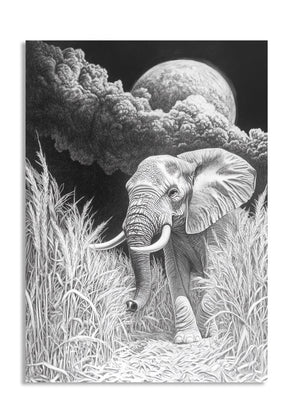 Black and white illustration of an elephant in a grassy field with a large moon in the sky, as a premium aluminum metal print from GoMetalPrint.
