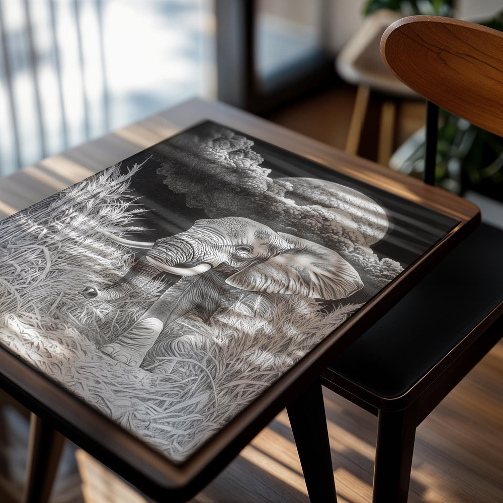 Black and white illustration of an elephant in a grassy field with a large moon in the sky, as a premium aluminum metal print from GoMetalPrint.
