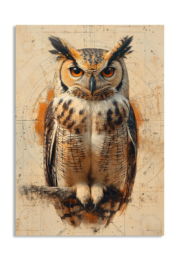 Owl illustration on a beige background with geometric patterns, as a premium aluminum metal print from GoMetalPrint.

