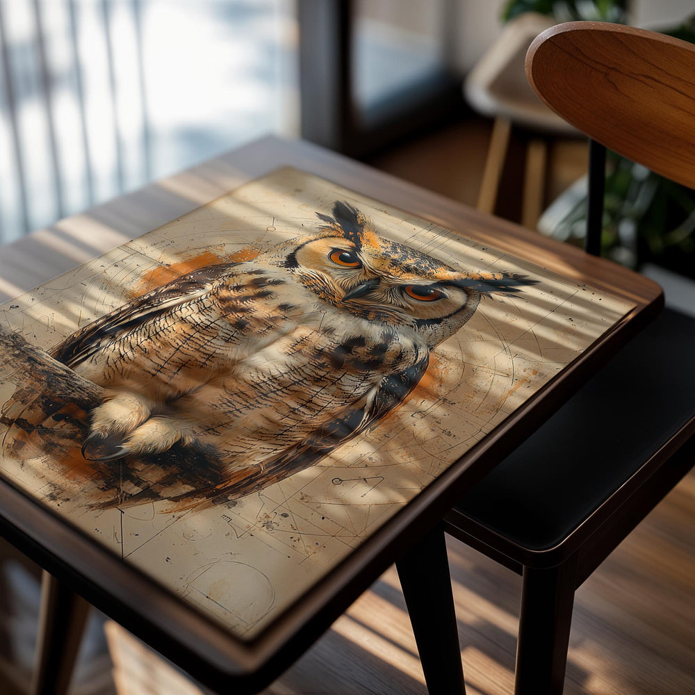 Owl illustration on a beige background with geometric patterns, as a premium aluminum metal print from GoMetalPrint.
