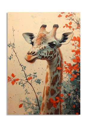 Giraffe painting with a floral background, as a premium aluminum metal print from GoMetalPrint.
