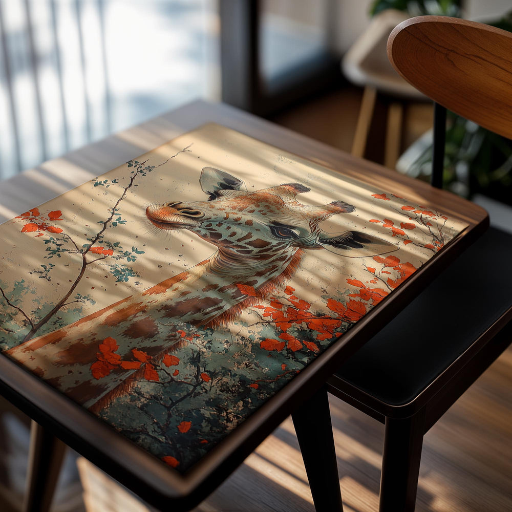 Giraffe painting with a floral background, as a premium aluminum metal print from GoMetalPrint.
