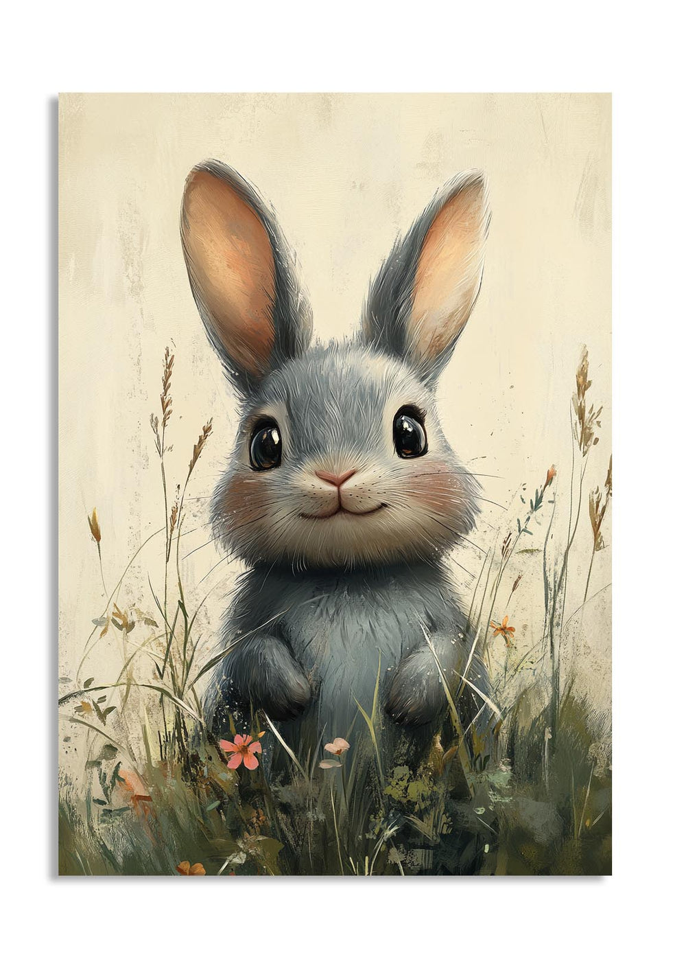 Illustration of a cute rabbit in a natural setting with flowers and grass, as a premium aluminum metal print from GoMetalPrint.
