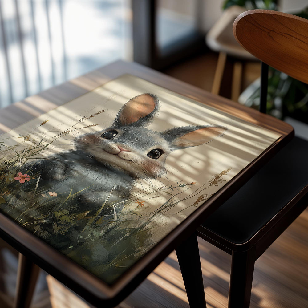 Illustration of a cute rabbit in a natural setting with flowers and grass, as a premium aluminum metal print from GoMetalPrint.
