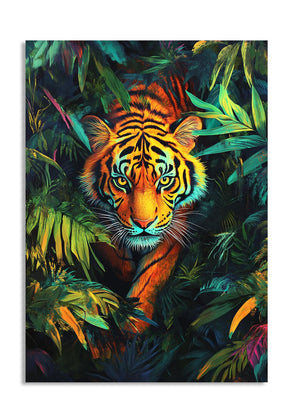 Colorful painting of a tiger amidst tropical foliage, as a premium aluminum metal print from GoMetalPrint.
