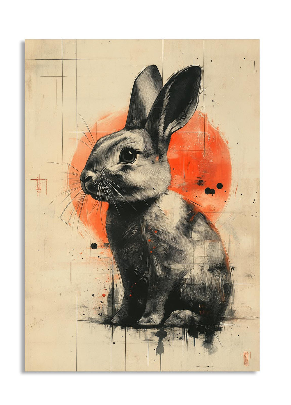 Artistic depiction of a rabbit with an orange circle in the background on a textured beige canvas, as a premium aluminum metal print from GoMetalPrint.
