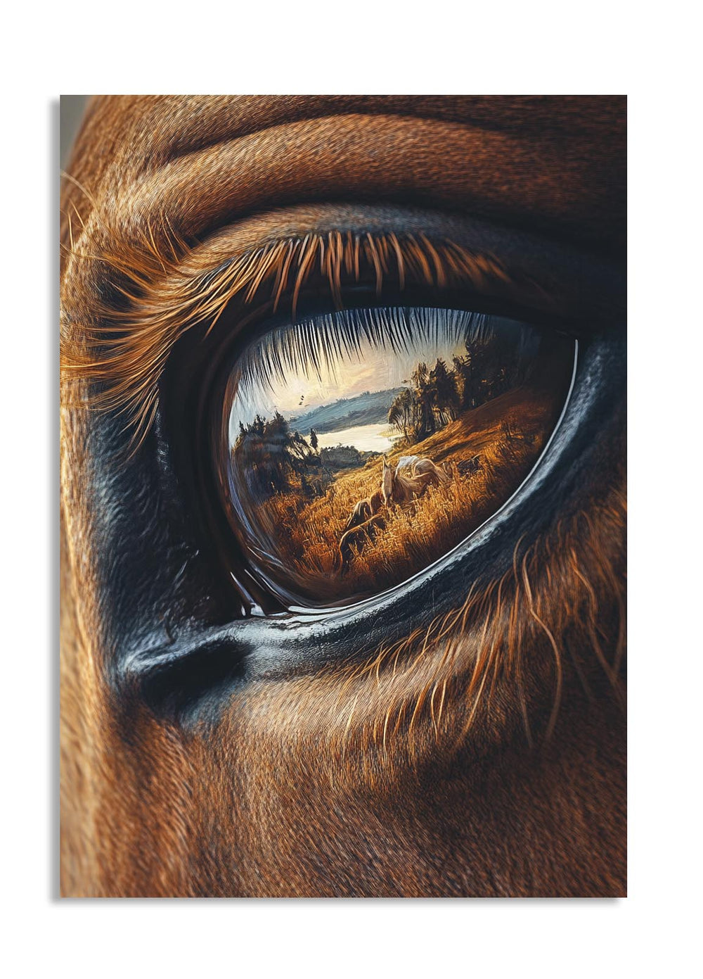 Close-up of a horse's eye with a reflective landscape, as a premium aluminum metal print from GoMetalPrint.
