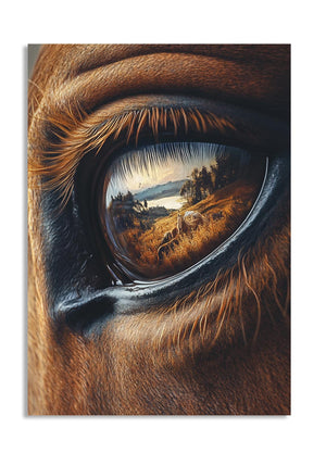 Close-up of a horse's eye with a reflective landscape, as a premium aluminum metal print from GoMetalPrint.
