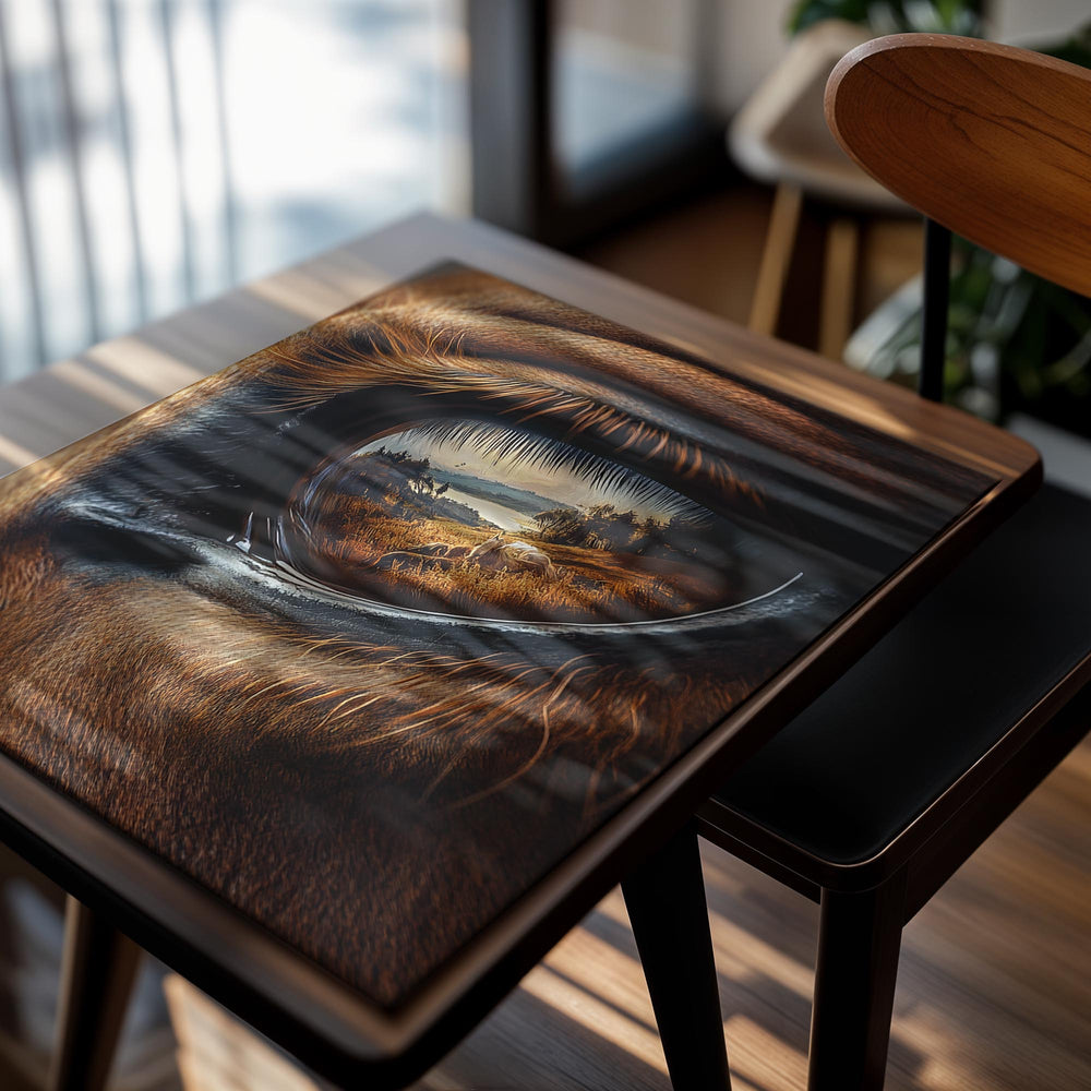 Close-up of a horse's eye with a reflective landscape, as a premium aluminum metal print from GoMetalPrint.
