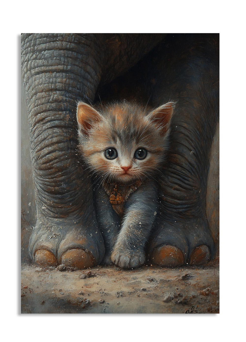 Painting of a kitten peeking from behind an elephant's leg, as a premium aluminum metal print from GoMetalPrint.
