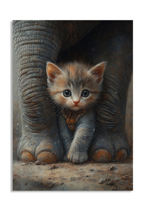 Painting of a kitten peeking from behind an elephant's leg, as a premium aluminum metal print from GoMetalPrint.
