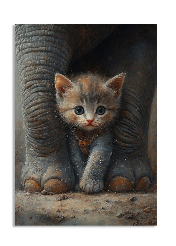 Painting of a kitten peeking from behind an elephant's leg, as a premium aluminum metal print from GoMetalPrint.

