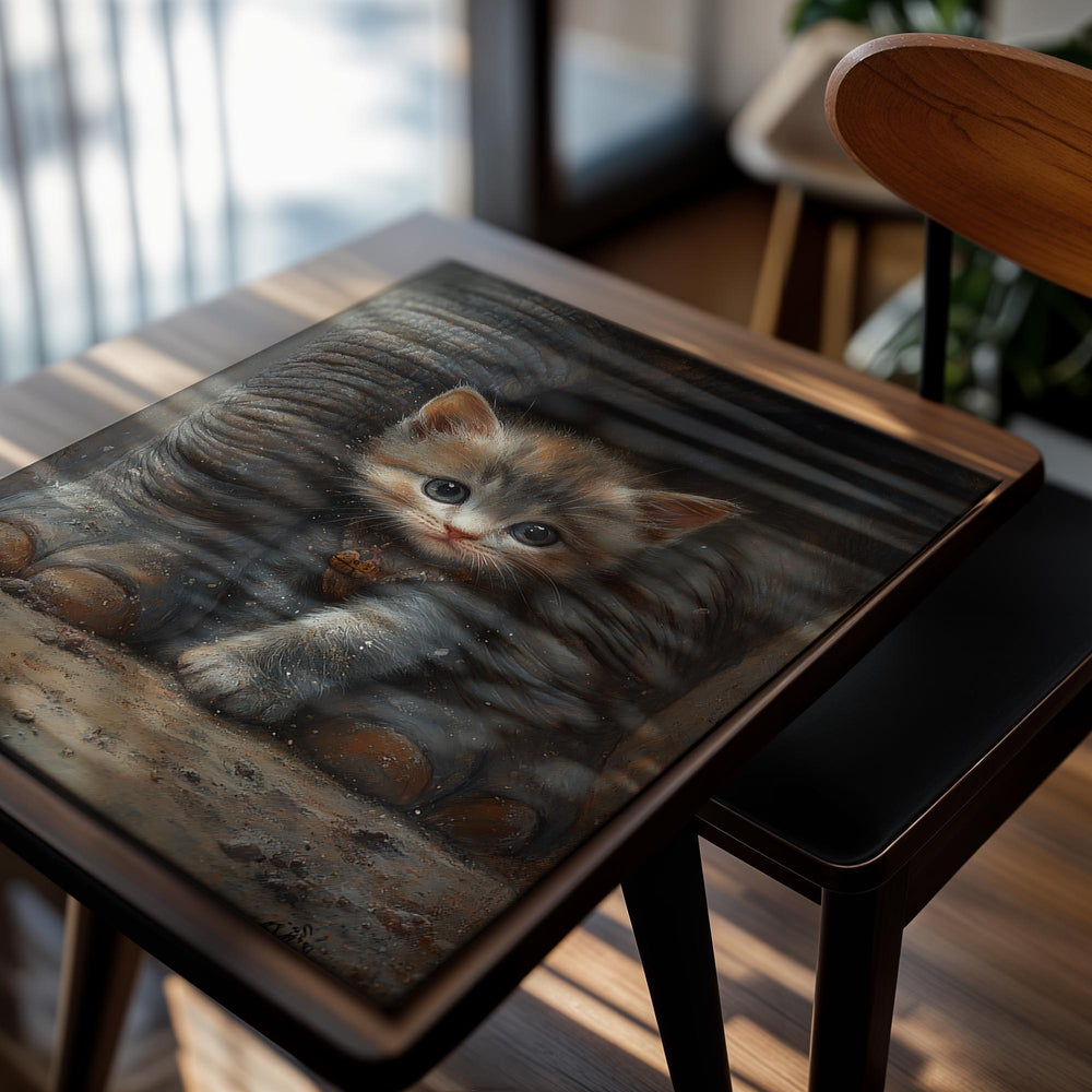 Painting of a kitten peeking from behind an elephant's leg, as a premium aluminum metal print from GoMetalPrint.
