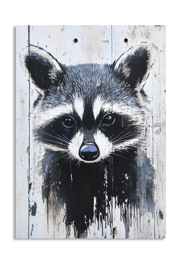 Artistic depiction of a raccoon on a textured background, as a premium aluminum metal print from GoMetalPrint.

