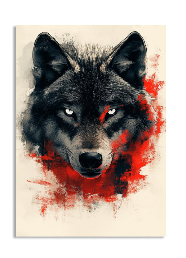 Wolf portrait with red accents on a beige background, as a premium aluminum metal print from GoMetalPrint.
