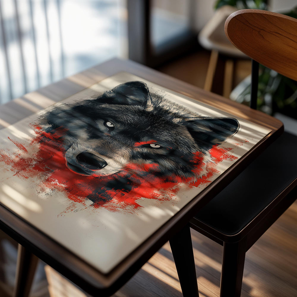 Wolf portrait with red accents on a beige background, as a premium aluminum metal print from GoMetalPrint.
