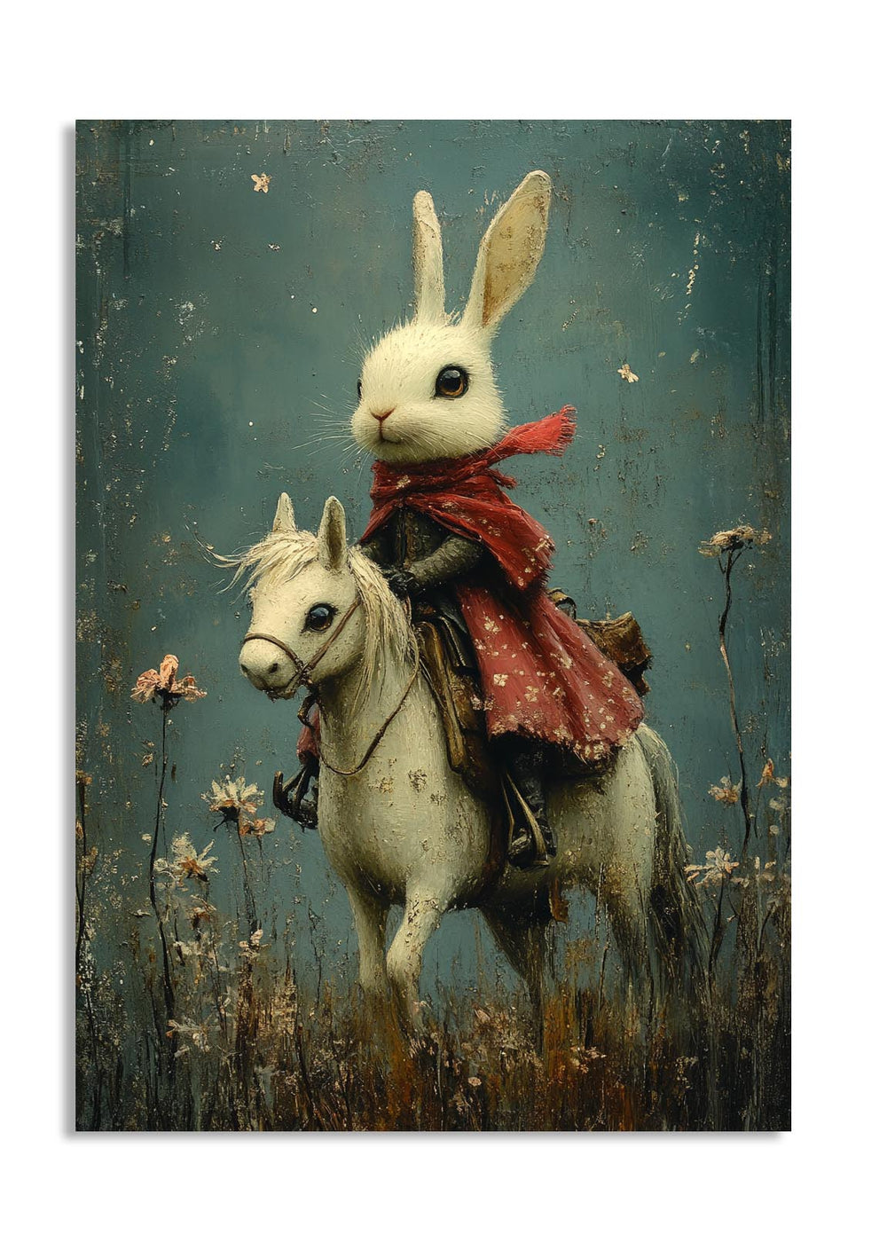 Illustration of a rabbit riding a donkey in a field with a dark blue background, as a premium aluminum metal print from GoMetalPrint.
