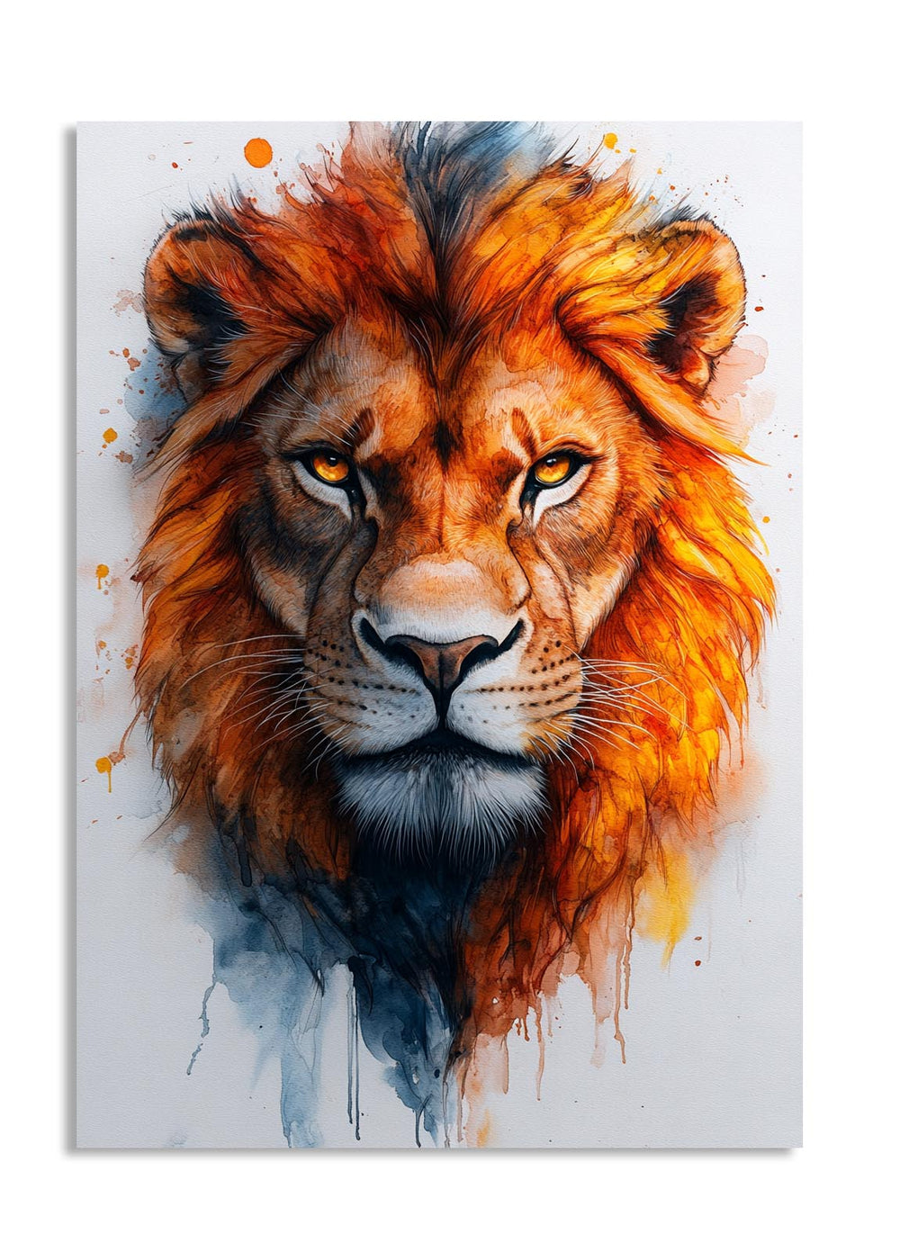 Colorful painting of a lion's head on a white background, as a premium aluminum metal print from GoMetalPrint.
