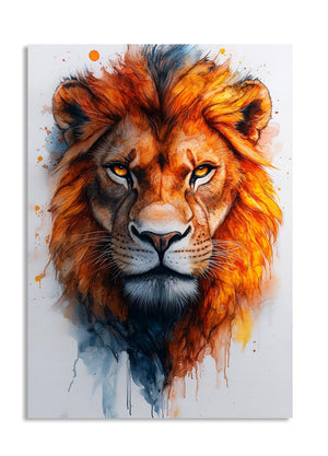 Colorful painting of a lion's head on a white background, as a premium aluminum metal print from GoMetalPrint.
