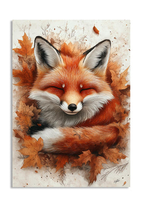Illustration of a fox surrounded by autumn leaves on a light background, as a premium aluminum metal print from GoMetalPrint.
