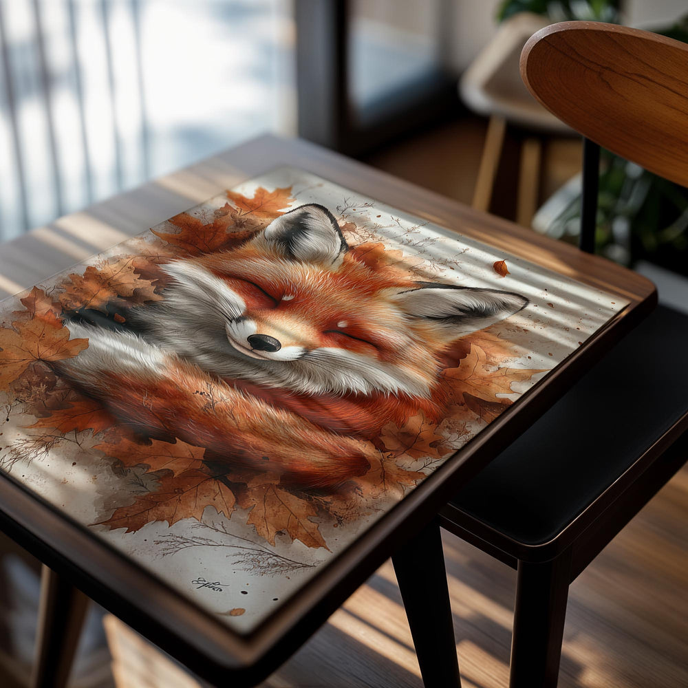 Illustration of a fox surrounded by autumn leaves on a light background, as a premium aluminum metal print from GoMetalPrint.

