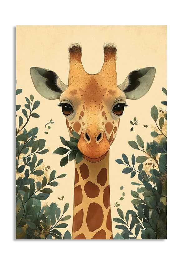 Giraffe illustration with foliage on a beige background, as a premium aluminum metal print from GoMetalPrint.
