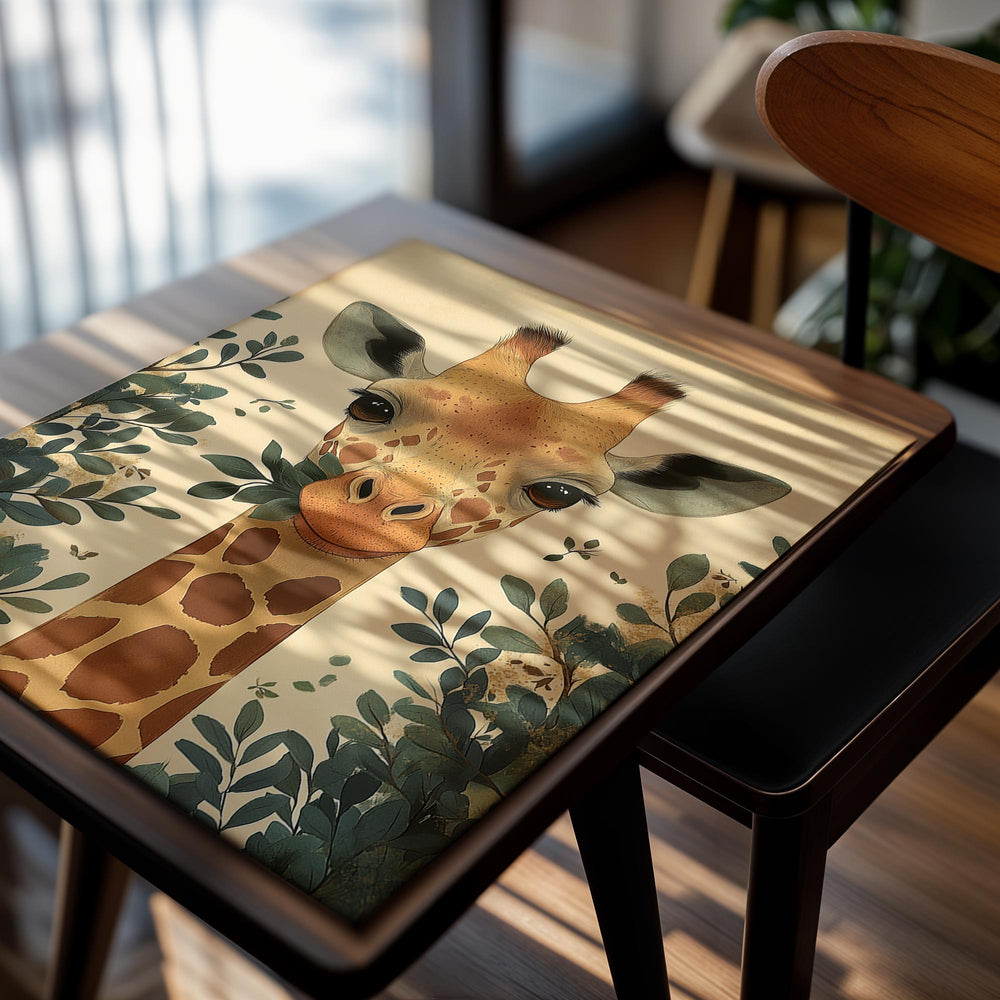 Giraffe illustration with foliage on a beige background, as a premium aluminum metal print from GoMetalPrint.
