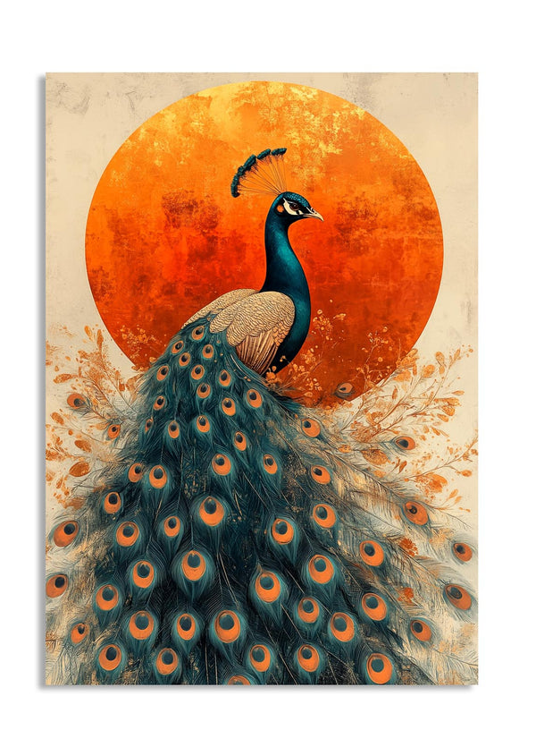 Peacock with vibrant tail feathers against an orange sun backdrop, as a premium aluminum metal print from GoMetalPrint.
