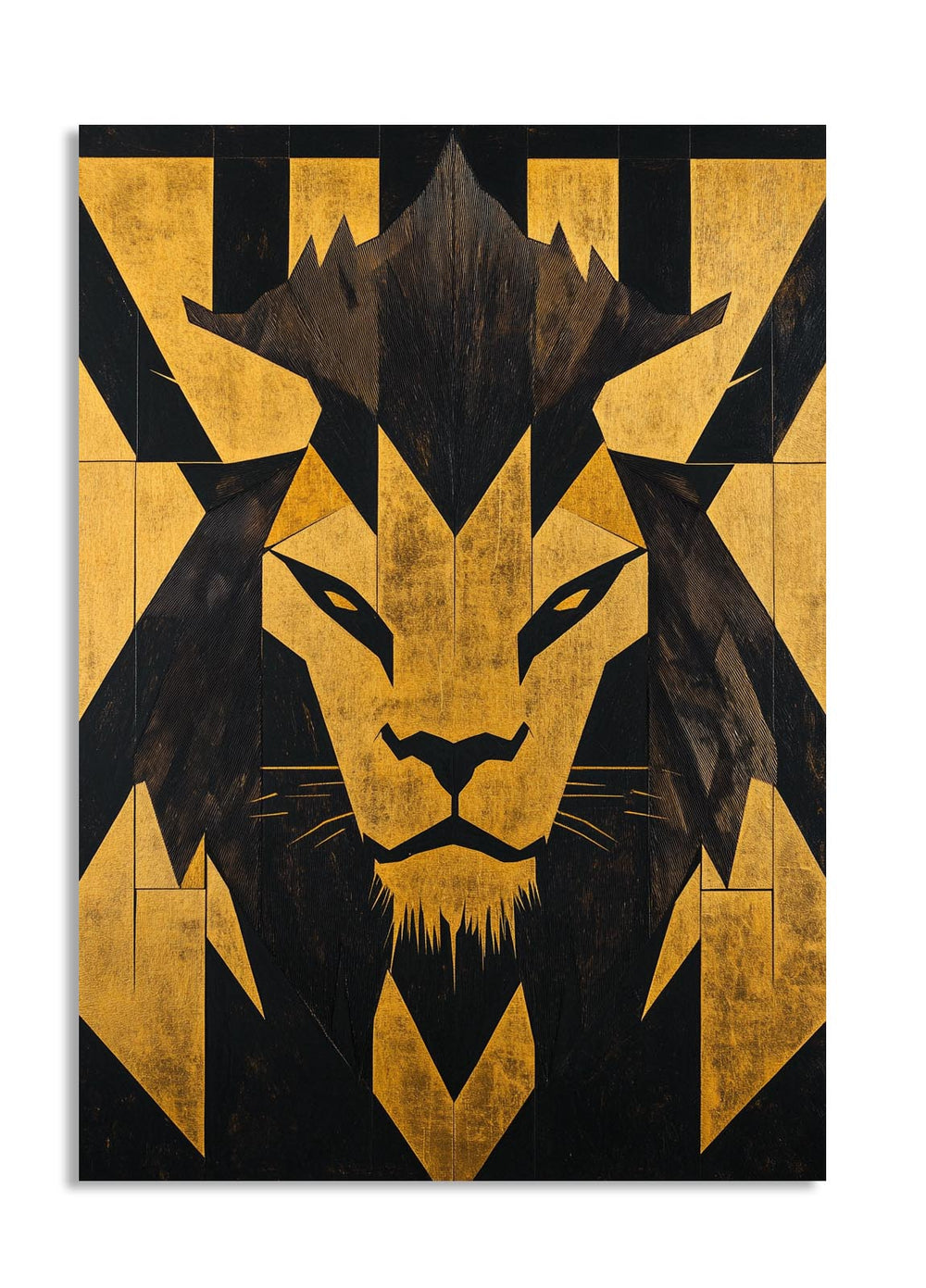Gold and black lion head design on a white background, as a premium aluminum metal print from GoMetalPrint.

