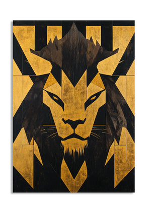 Gold and black lion head design on a white background, as a premium aluminum metal print from GoMetalPrint.
