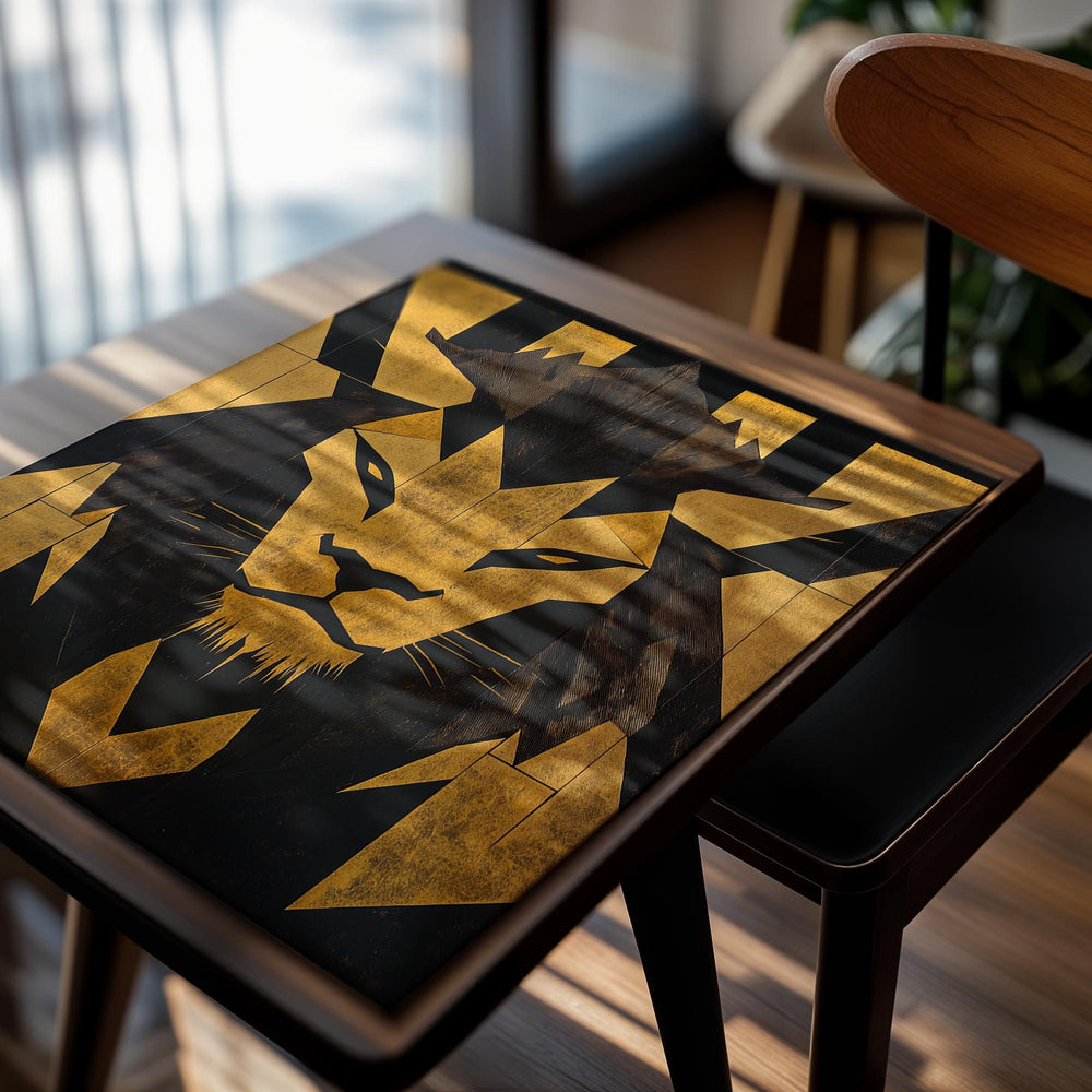 Gold and black lion head design on a white background, as a premium aluminum metal print from GoMetalPrint.
