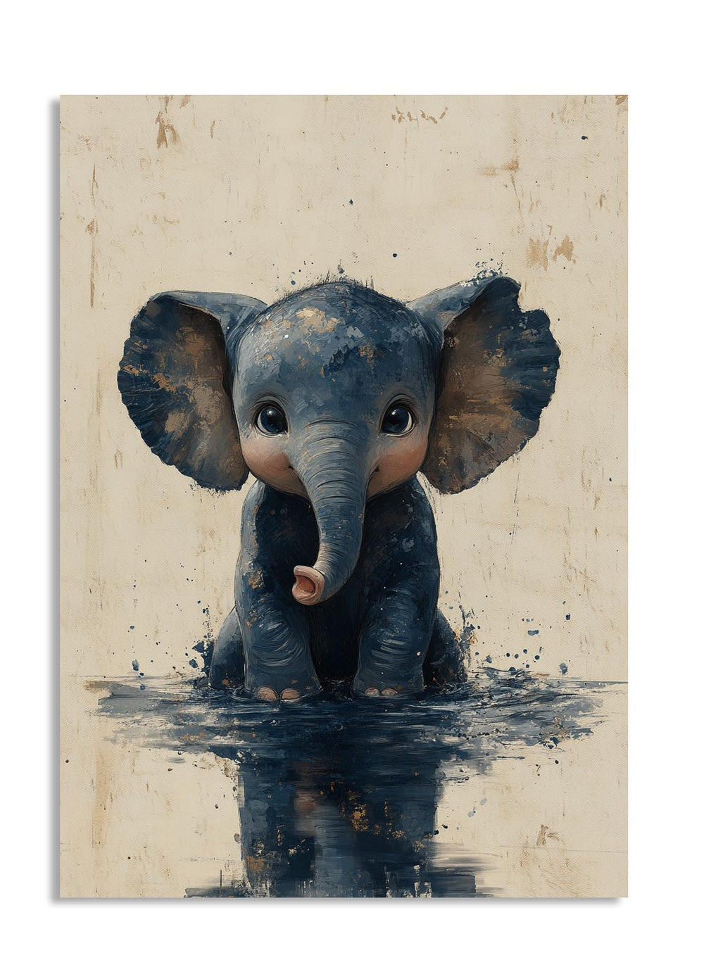 Illustration of a baby elephant in water on a textured beige background, as a premium aluminum metal print from GoMetalPrint.
