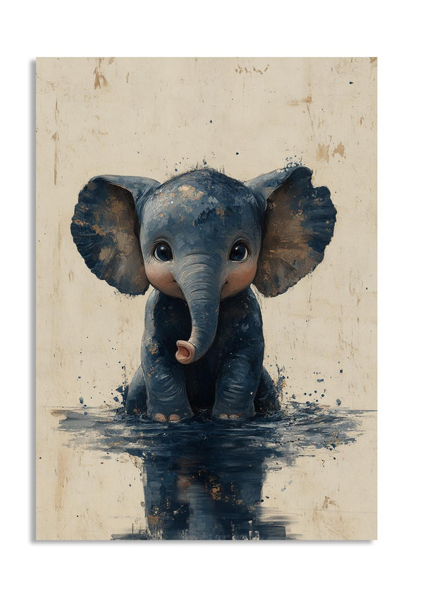 Illustration of a baby elephant in water on a textured beige background, as a premium aluminum metal print from GoMetalPrint.

