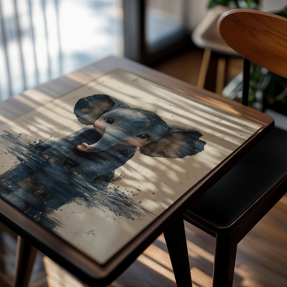 Illustration of a baby elephant in water on a textured beige background, as a premium aluminum metal print from GoMetalPrint.
