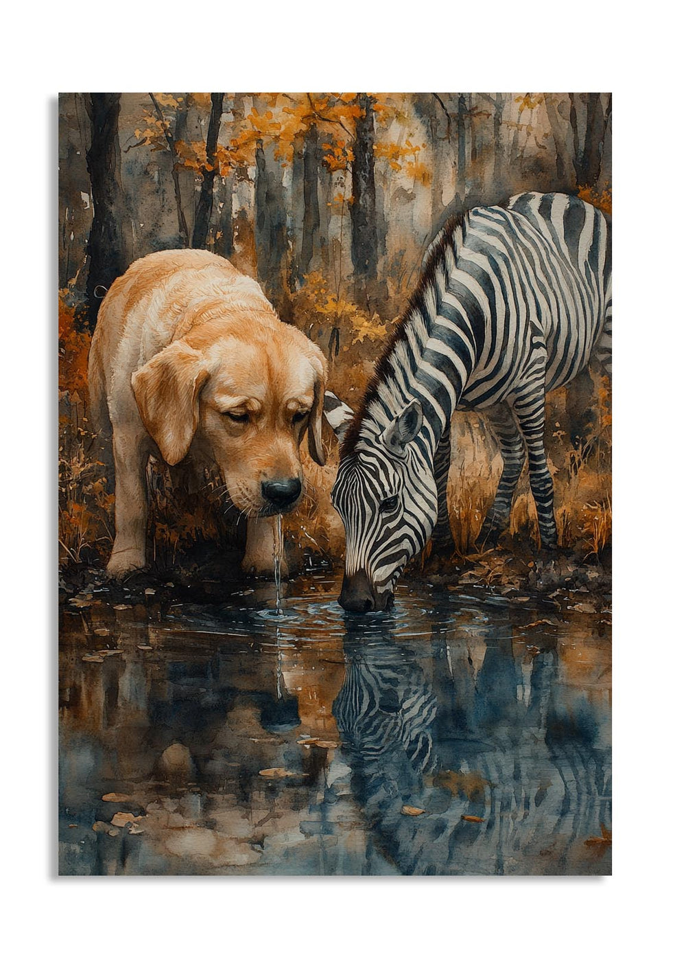 Painting of a dog and zebra drinking water in a forest setting, as a premium aluminum metal print from GoMetalPrint.
