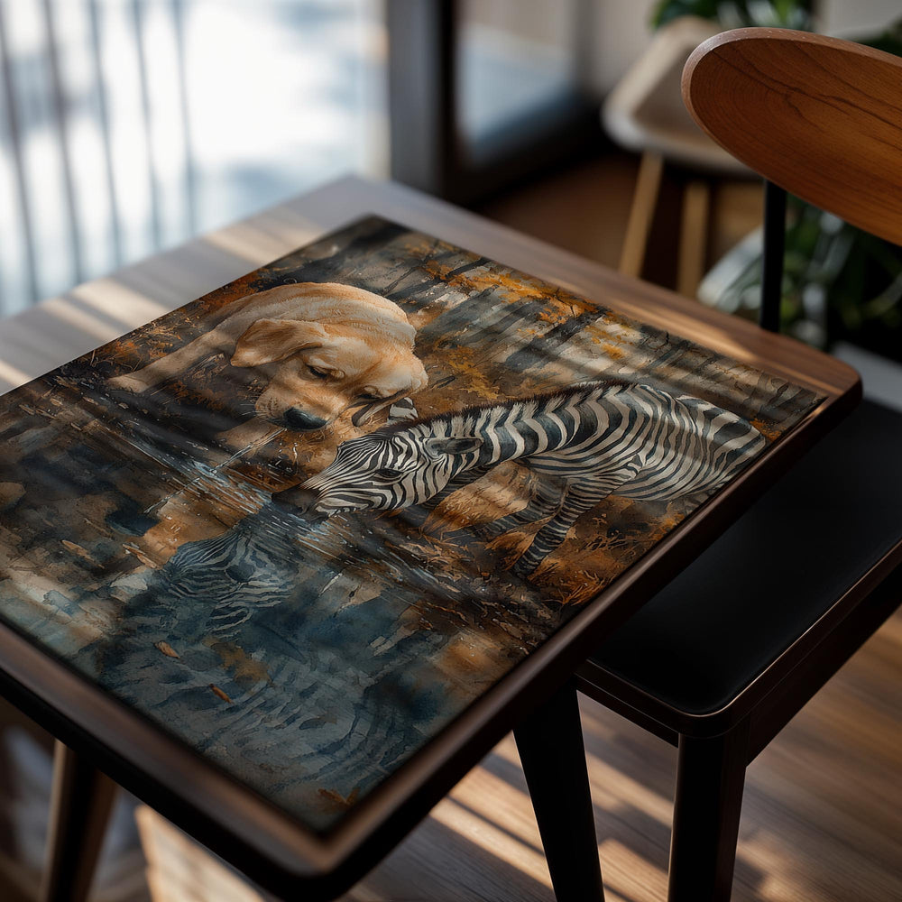 Painting of a dog and zebra drinking water in a forest setting, as a premium aluminum metal print from GoMetalPrint.

