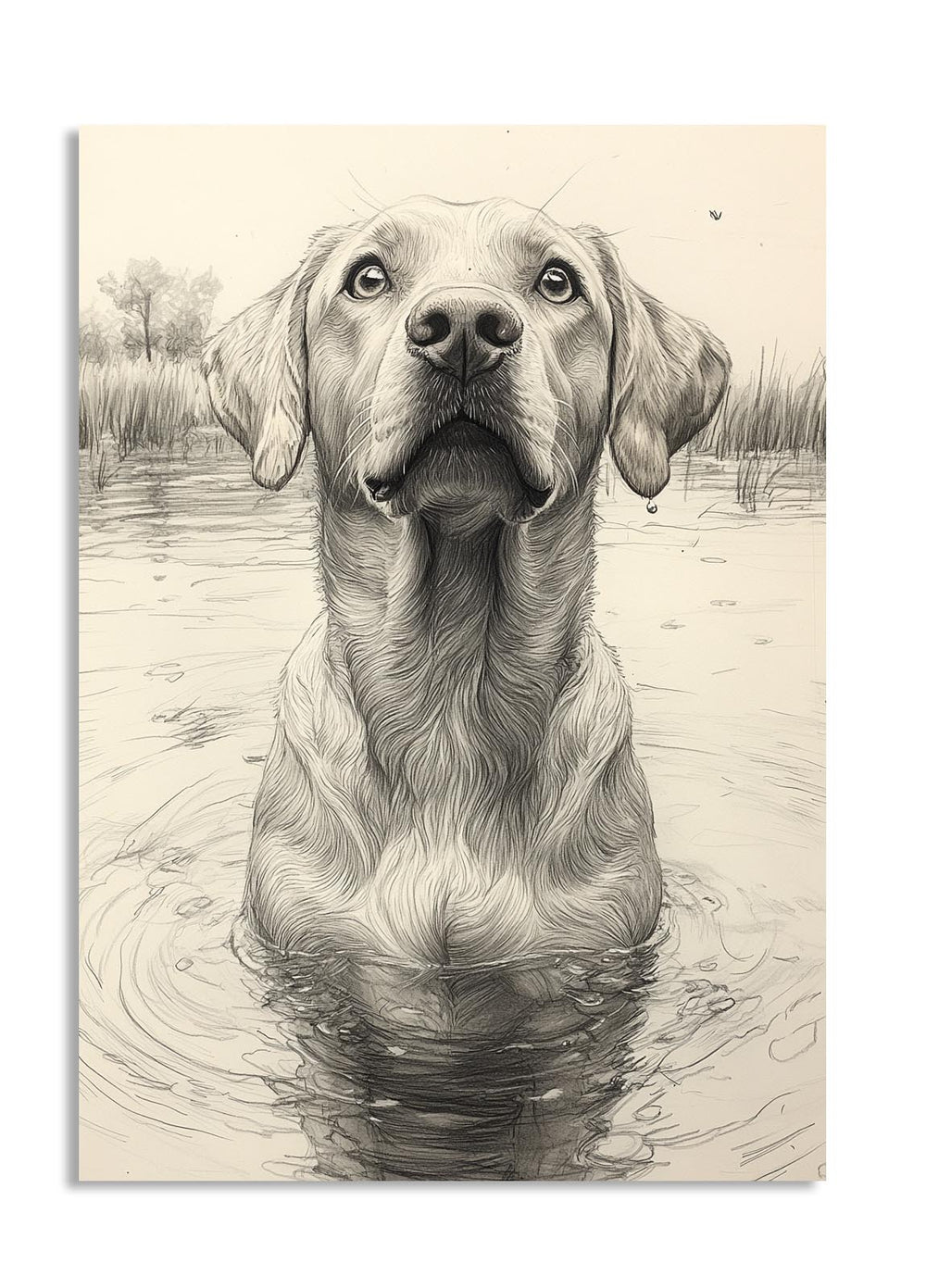 Illustration of a dog standing in water with a natural background, as a premium aluminum metal print from GoMetalPrint.
