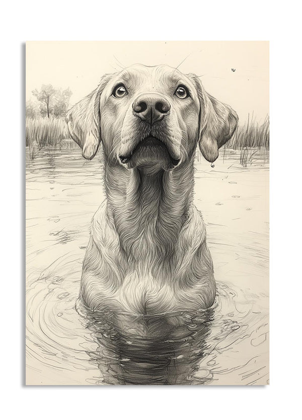 Illustration of a dog standing in water with a natural background, as a premium aluminum metal print from GoMetalPrint.
