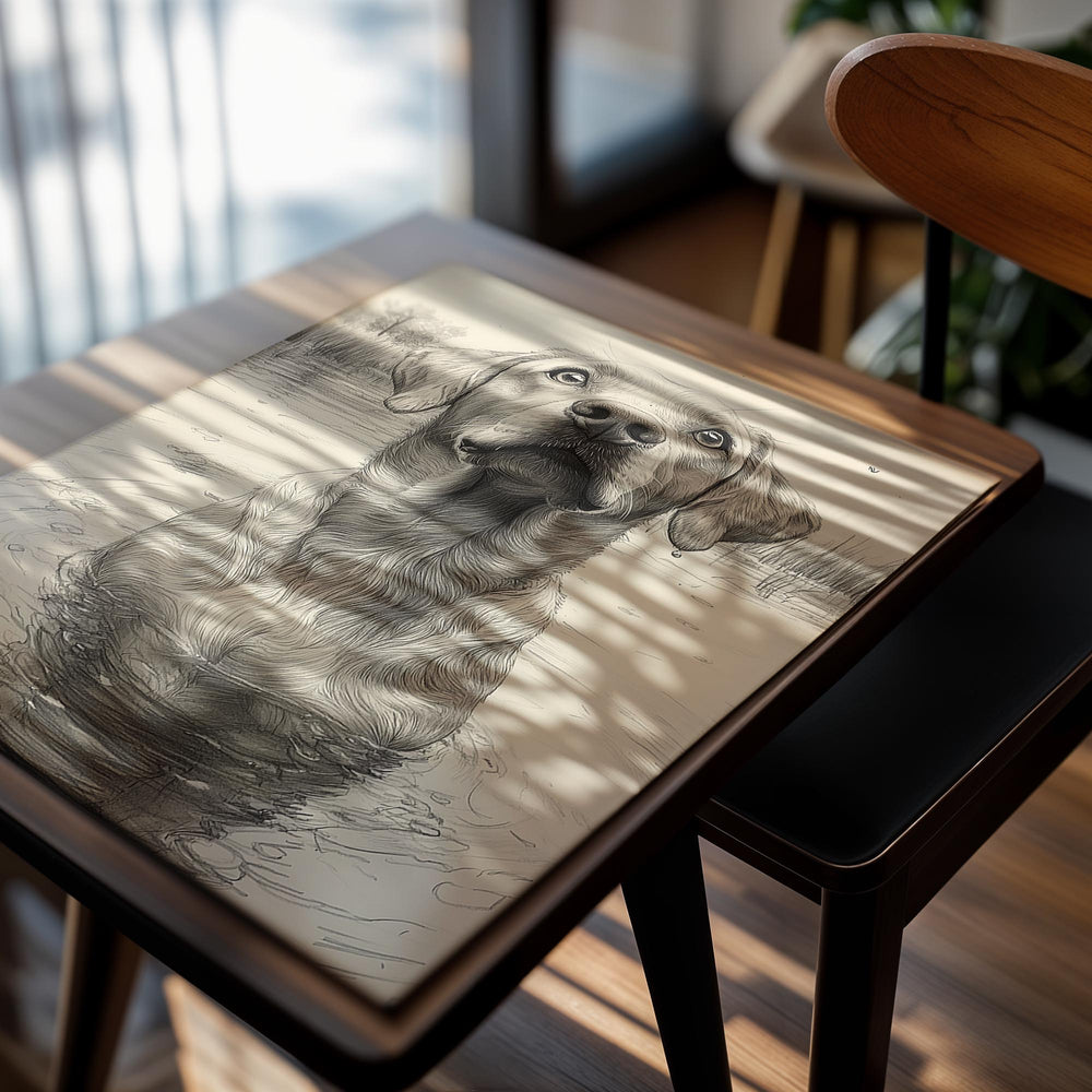 Illustration of a dog standing in water with a natural background, as a premium aluminum metal print from GoMetalPrint.
