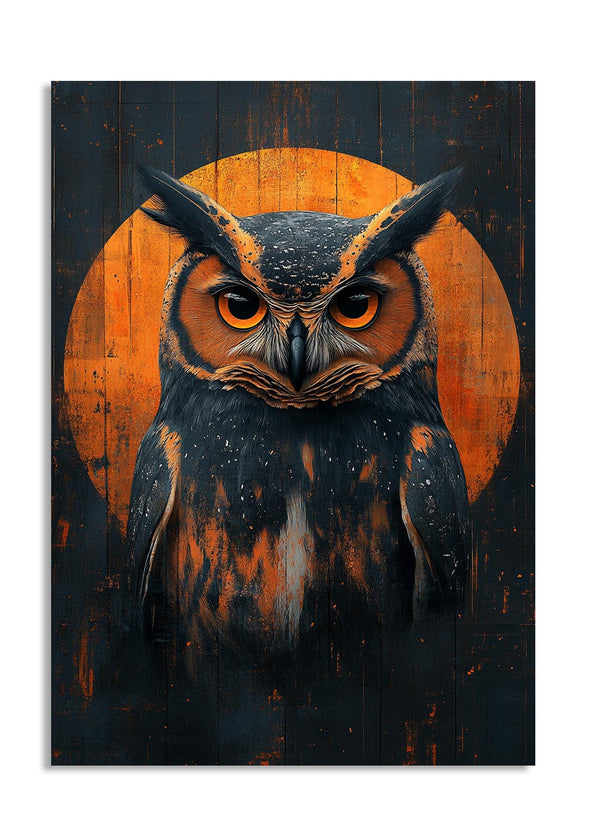 Painting of an owl with a wooden background, as a premium aluminum metal print from GoMetalPrint.
