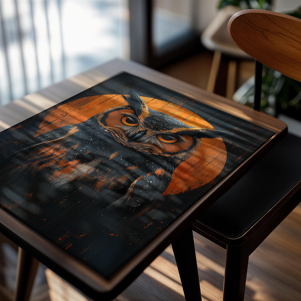 Painting of an owl with a wooden background, as a premium aluminum metal print from GoMetalPrint.
