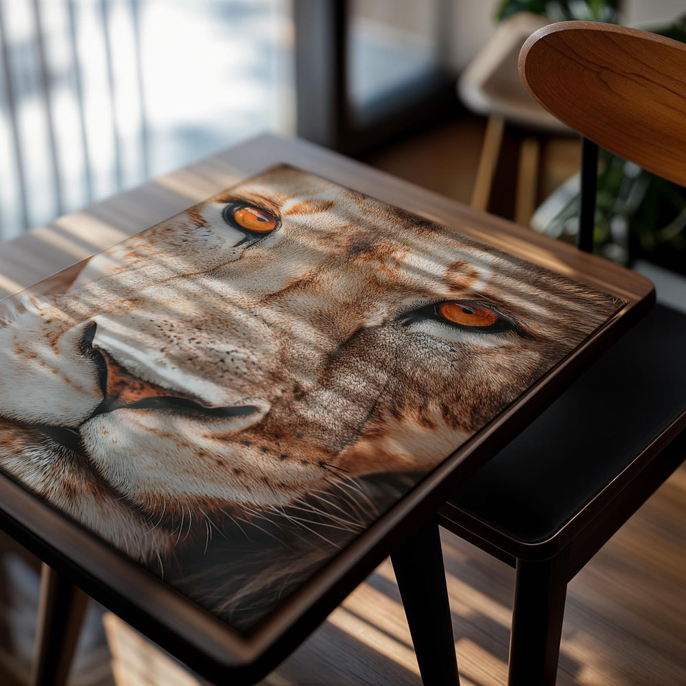 Close-up of a lion's face with a neutral background, as a premium aluminum metal print from GoMetalPrint.
