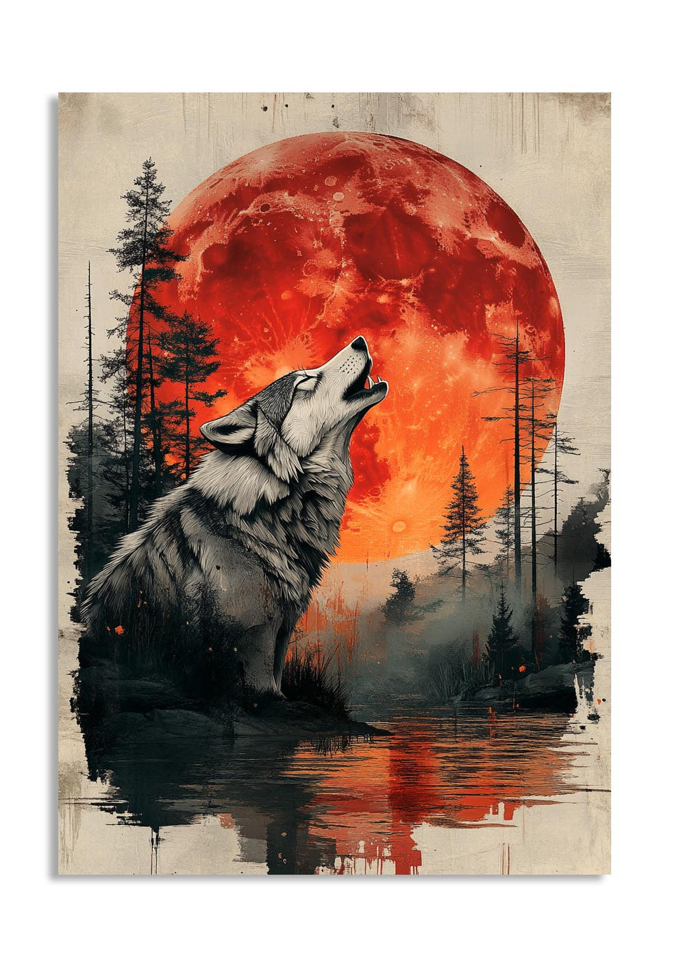 Wolf howling at a red moon over a forest with water reflection, as a premium aluminum metal print from GoMetalPrint.
