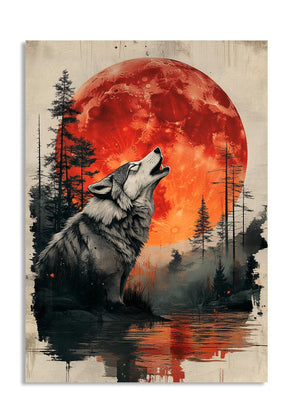 Wolf howling at a red moon over a forest with water reflection, as a premium aluminum metal print from GoMetalPrint.
