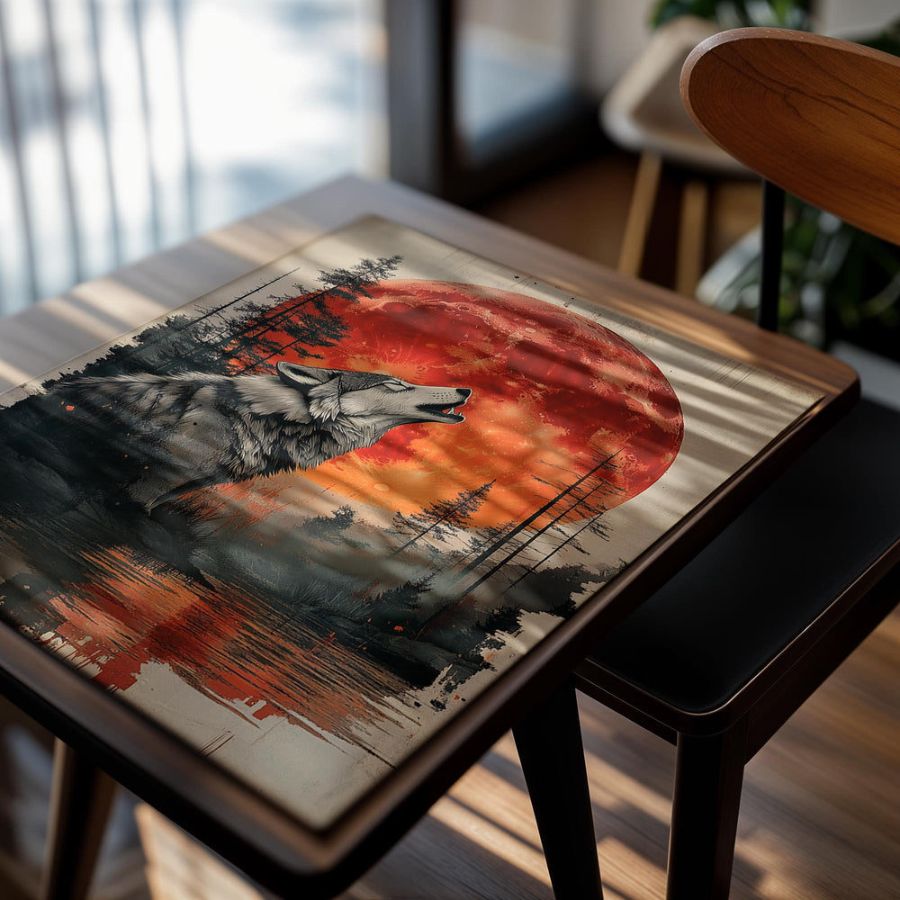 Wolf howling at a red moon over a forest with water reflection, as a premium aluminum metal print from GoMetalPrint.
