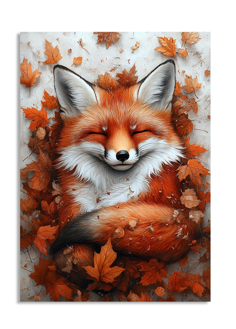 Illustration of a fox surrounded by autumn leaves on a light background, as a premium aluminum metal print from GoMetalPrint.
