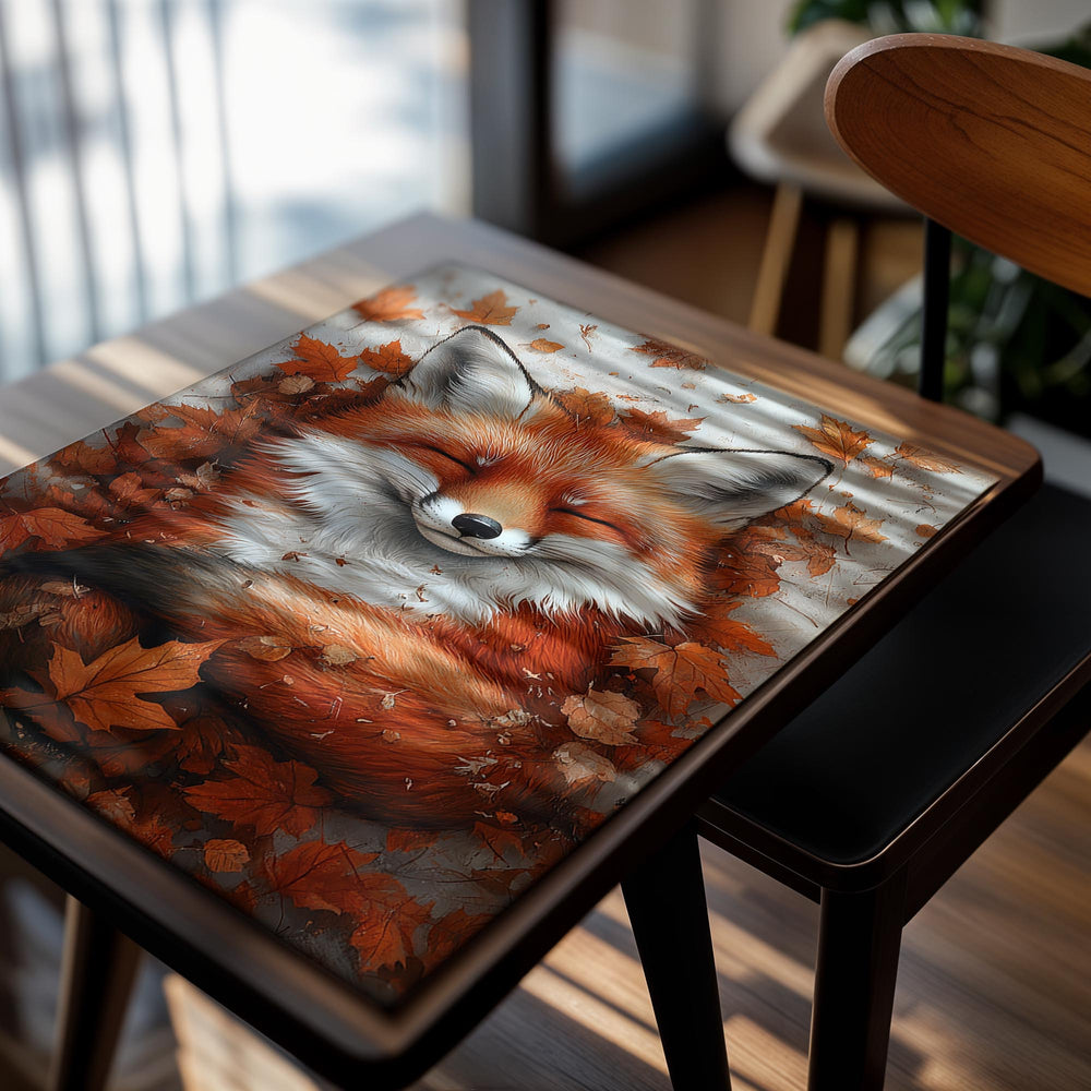 Illustration of a fox surrounded by autumn leaves on a light background, as a premium aluminum metal print from GoMetalPrint.
